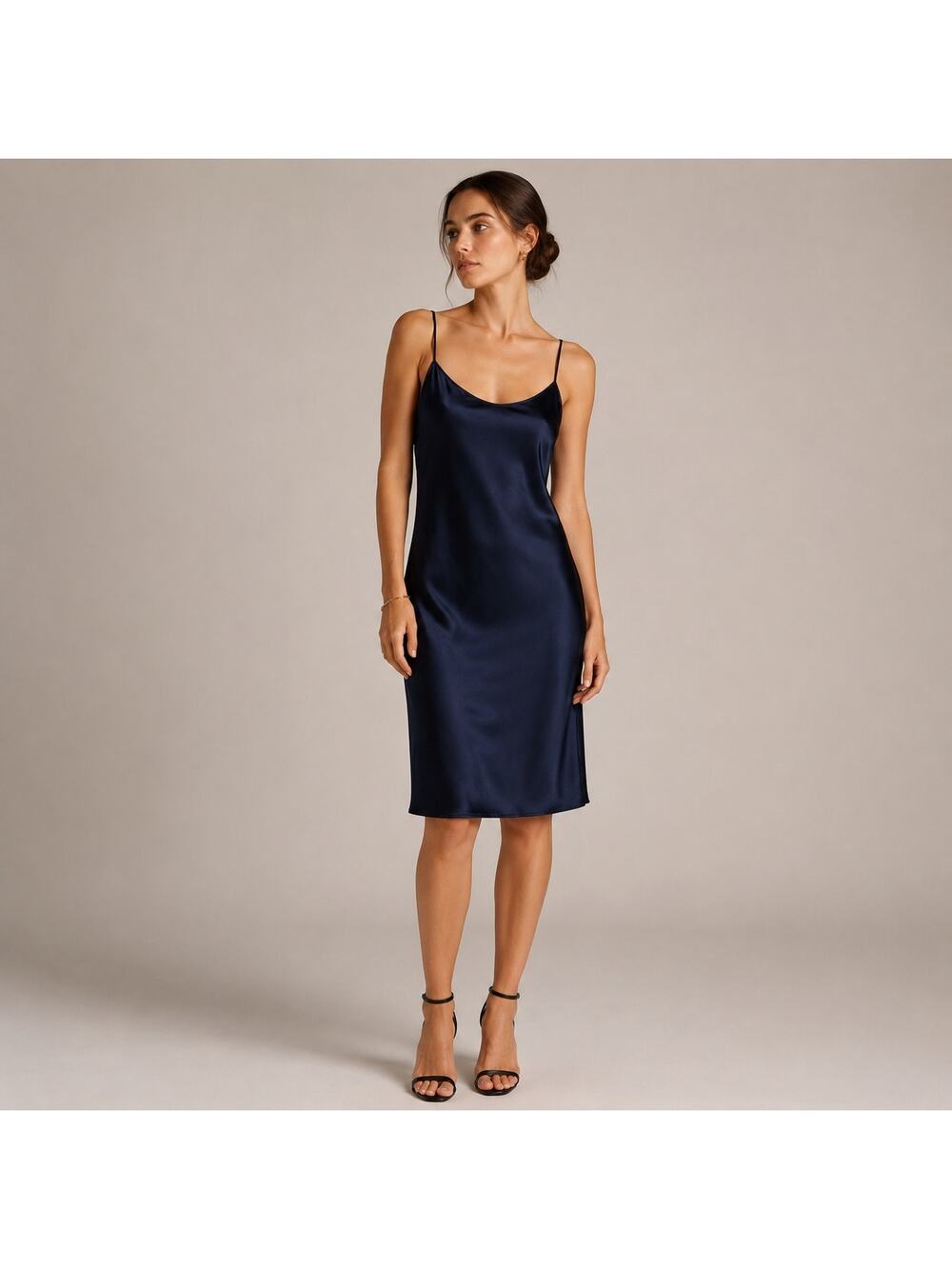 Teri Jon Rickie Freeman Silk Slip Dress Womens 10 Navy Blue Knee Length Cocktail